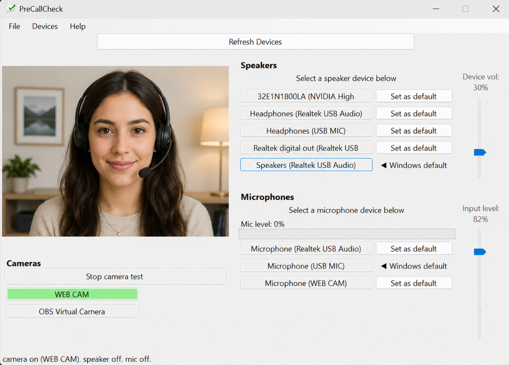 Screenshot of PreCallCheck showing camera, microphone, and speaker checks